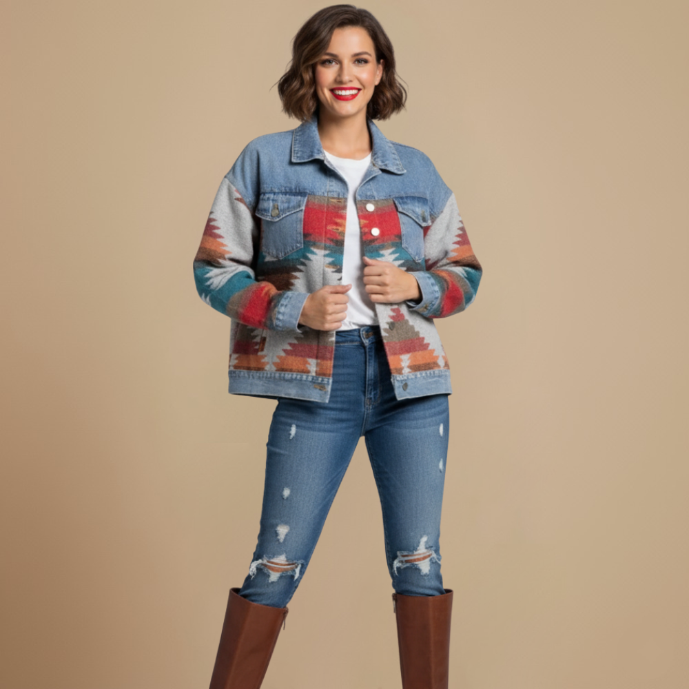 Dames trucker jas met Aztec print en fleece voering