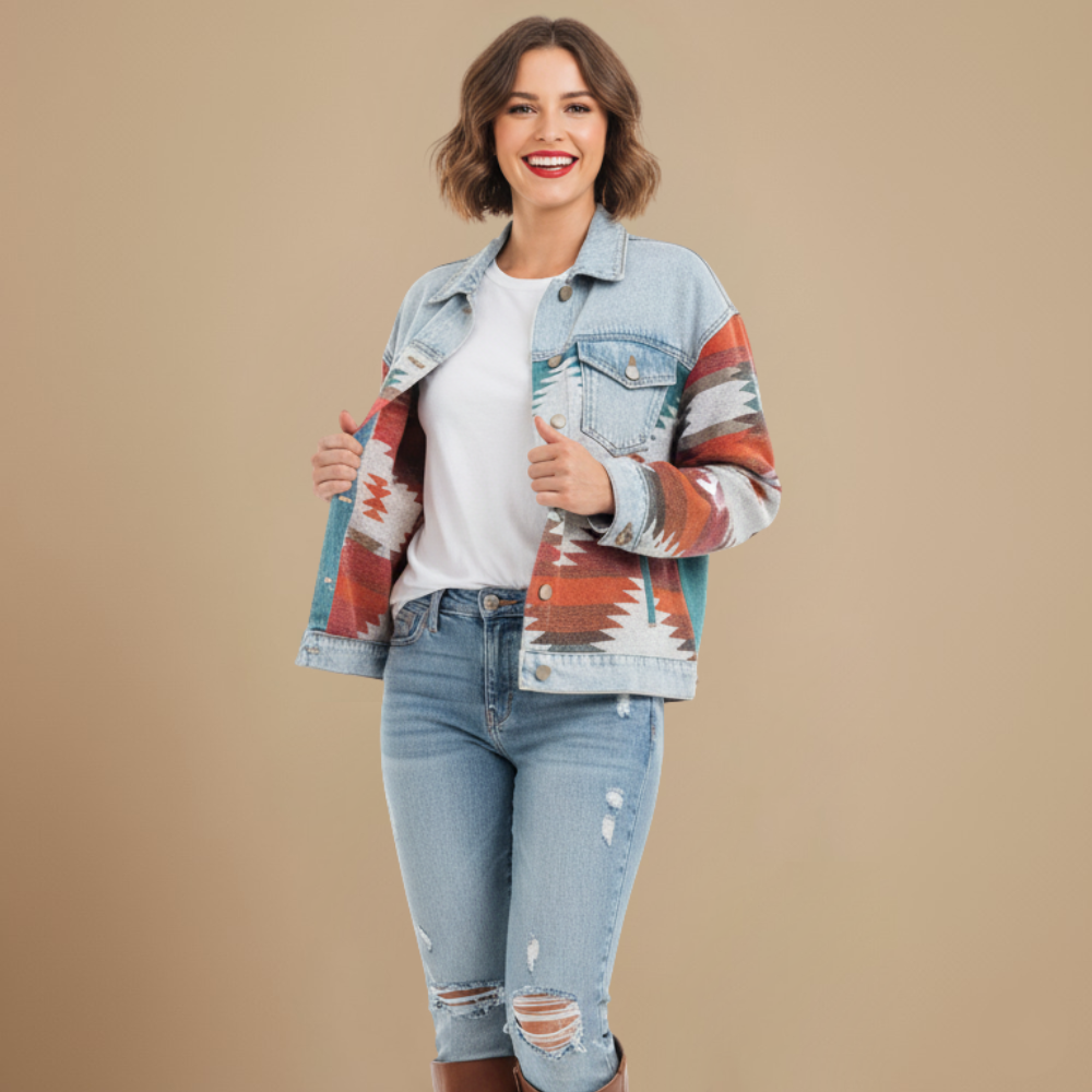 Dames trucker jas met Aztec print en fleece voering