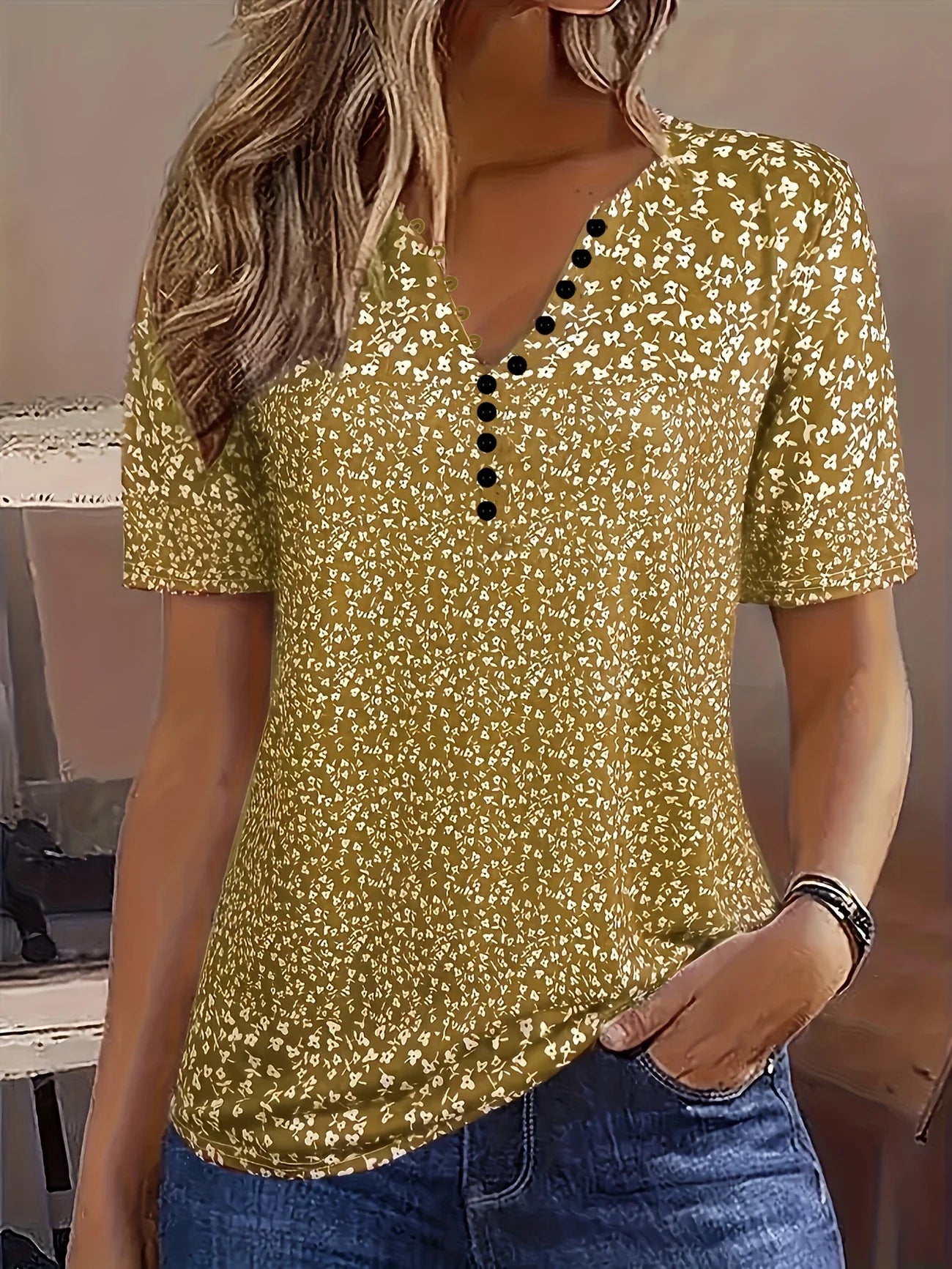 Bloemenprint V-Hals Top met Knoopjes – Casual Zomerse Damesblouse