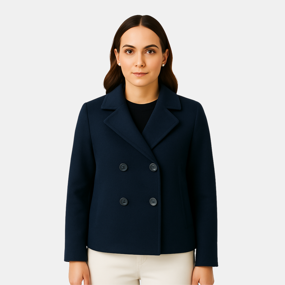Donkerblauwe damesjas met dubbele knopen – kort & tijdloos model | Maison Liore