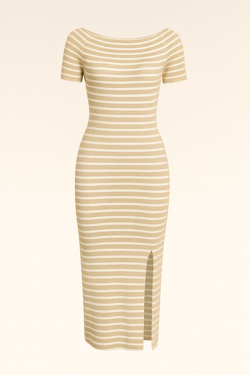 Beige Gestreepte Midi Jurk met Split – Zomerse Elegantie