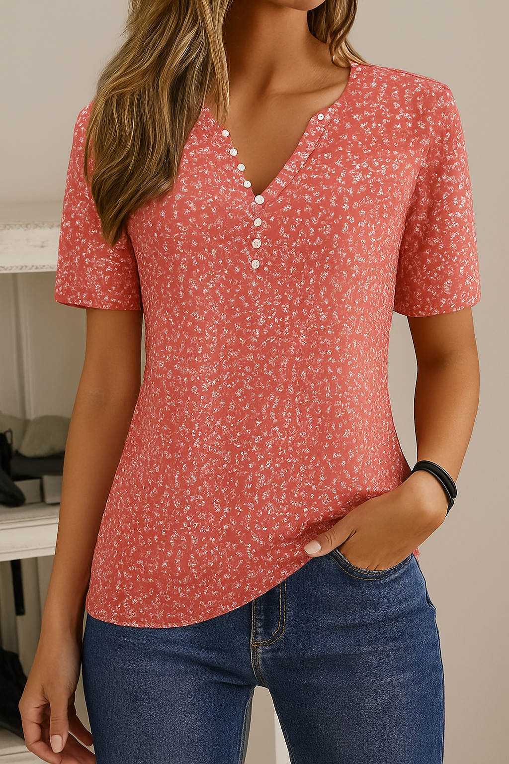 Bloemenprint V-Hals Top met Knoopjes – Casual Zomerse Damesblouse