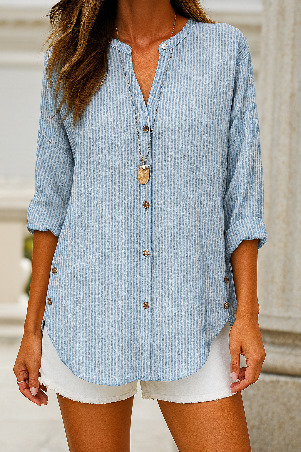 Damesblouse met Knoopdetail – Losvallend Linnen Look