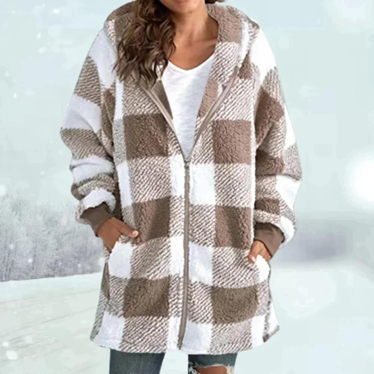 Geblokte Sherpa Parka Dames | Warme Teddyjas met Capuchon