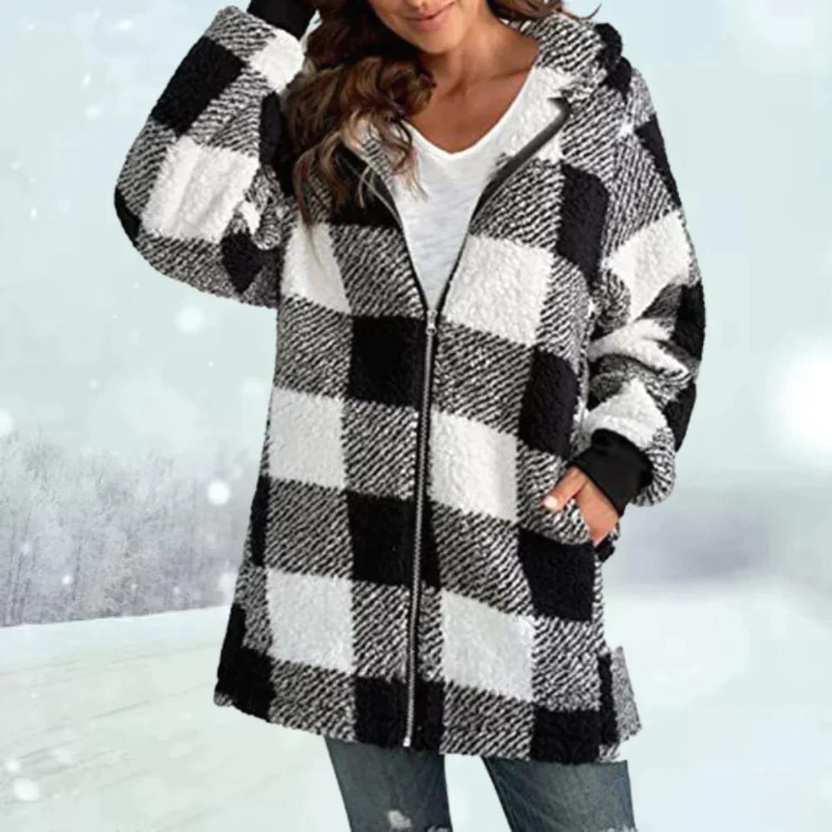 Geblokte Sherpa Parka Dames | Warme Teddyjas met Capuchon