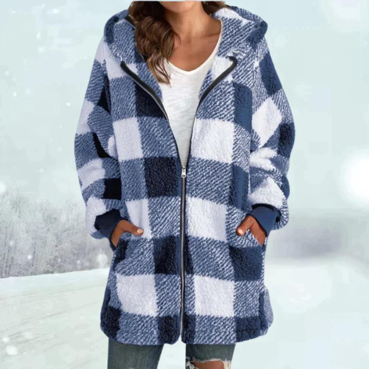 Geblokte Sherpa Parka Dames | Warme Teddyjas met Capuchon