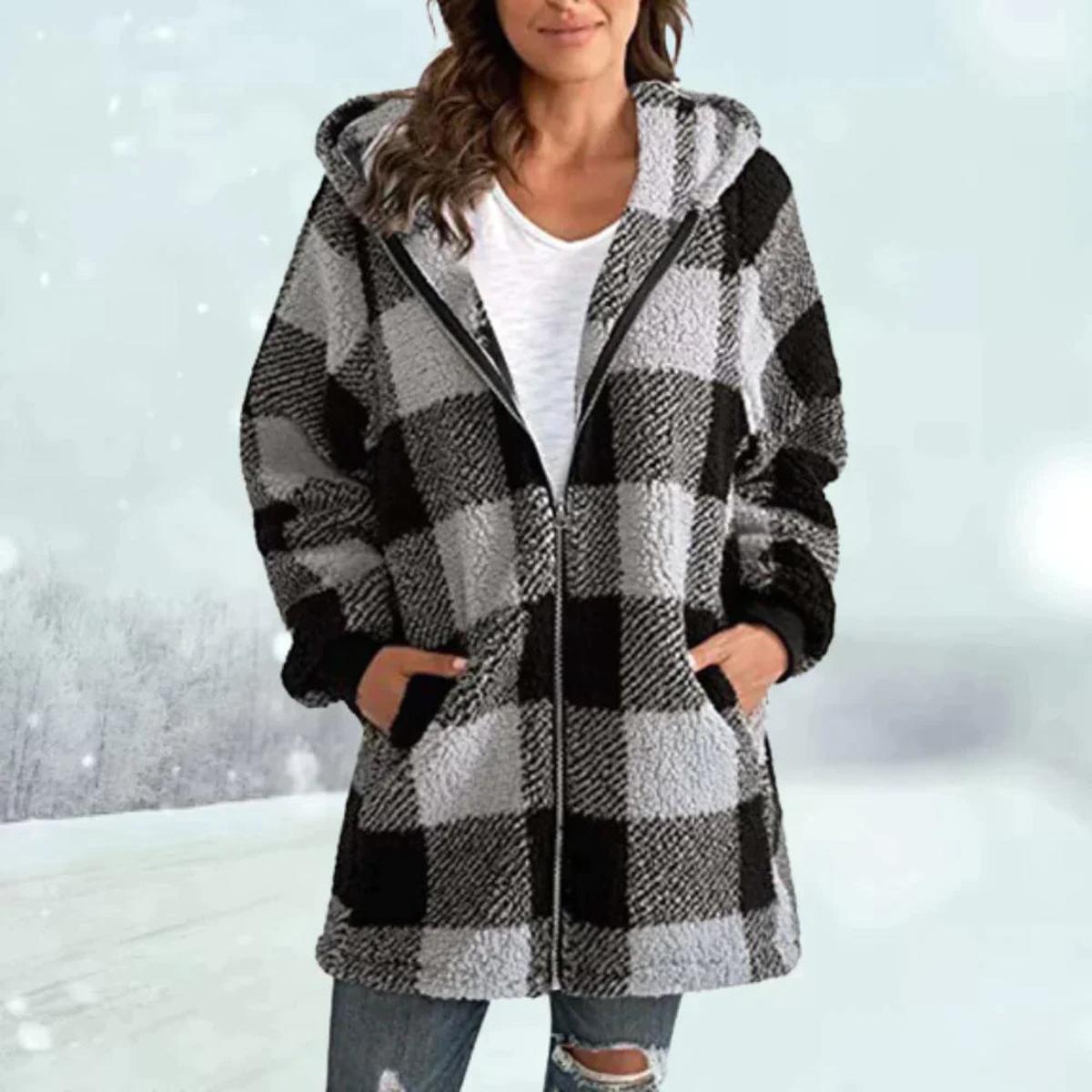 Geblokte Sherpa Parka Dames | Warme Teddyjas met Capuchon