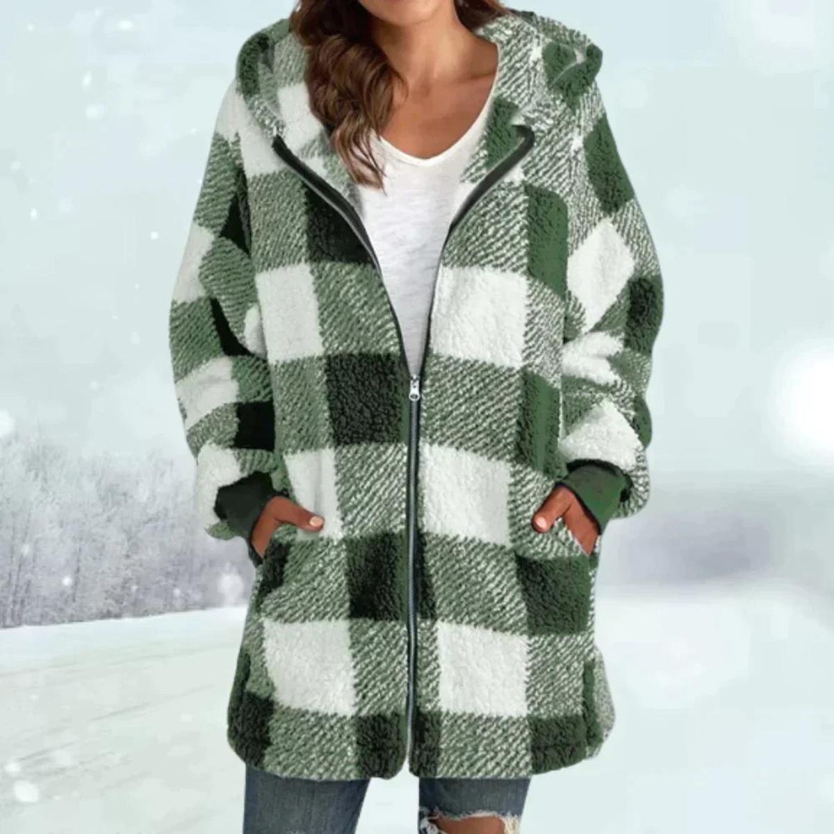 Geblokte Sherpa Parka Dames | Warme Teddyjas met Capuchon