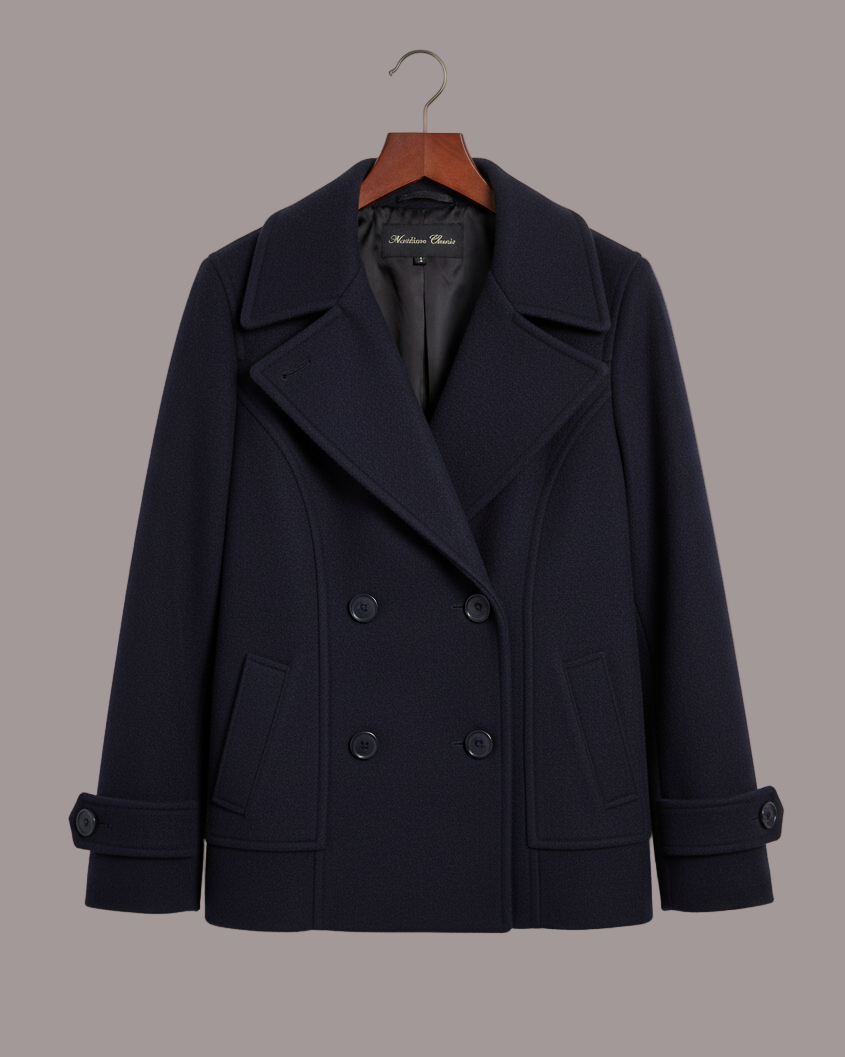 Donkerblauwe korte damesjas met reverskraag – Maison Liore