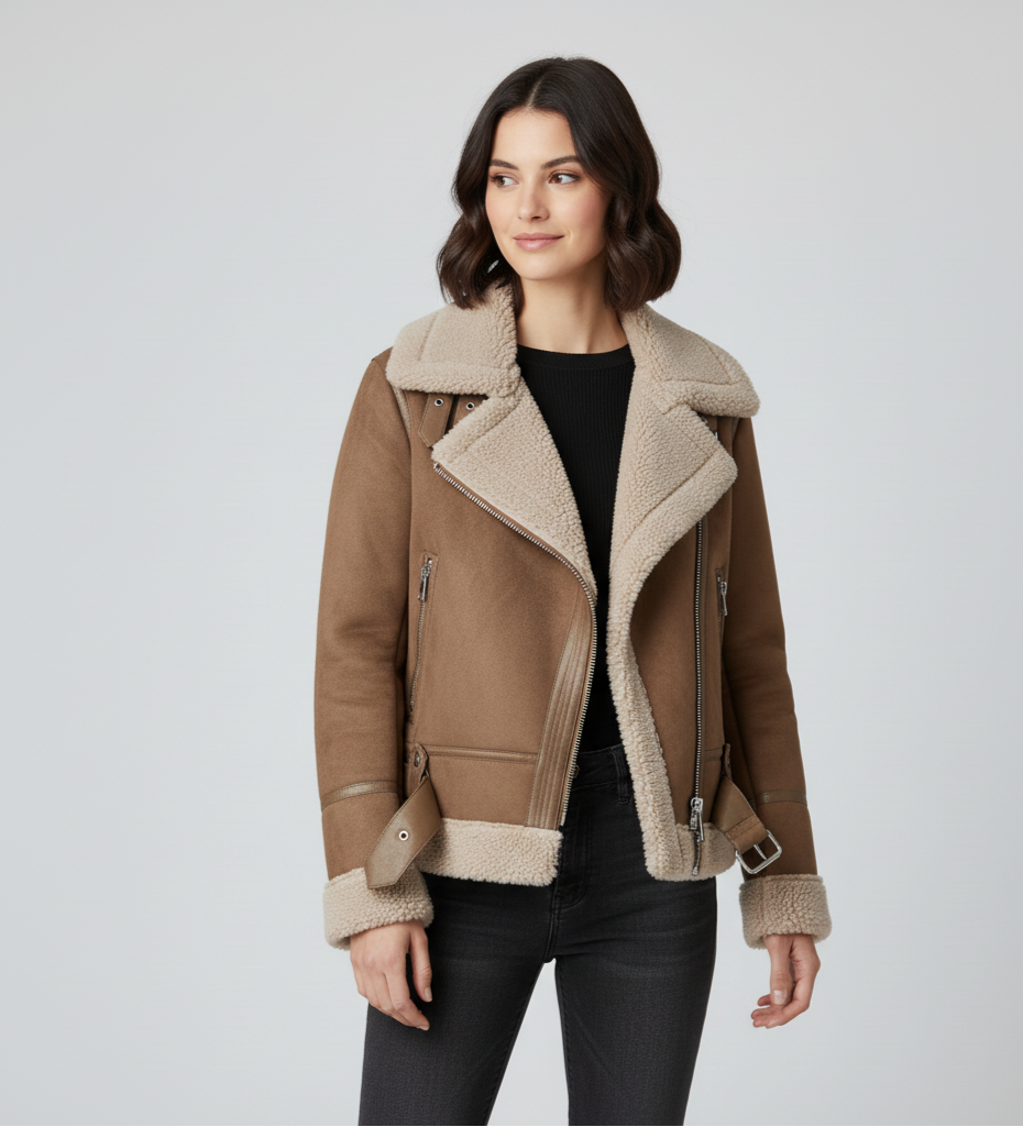 Noa Aviator Jacket | Dames Bikerjas met Teddy Voering in Zwart of Camel