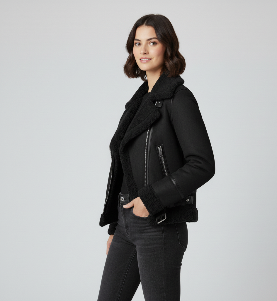 Noa Aviator Jacket | Dames Bikerjas met Teddy Voering in Zwart of Camel